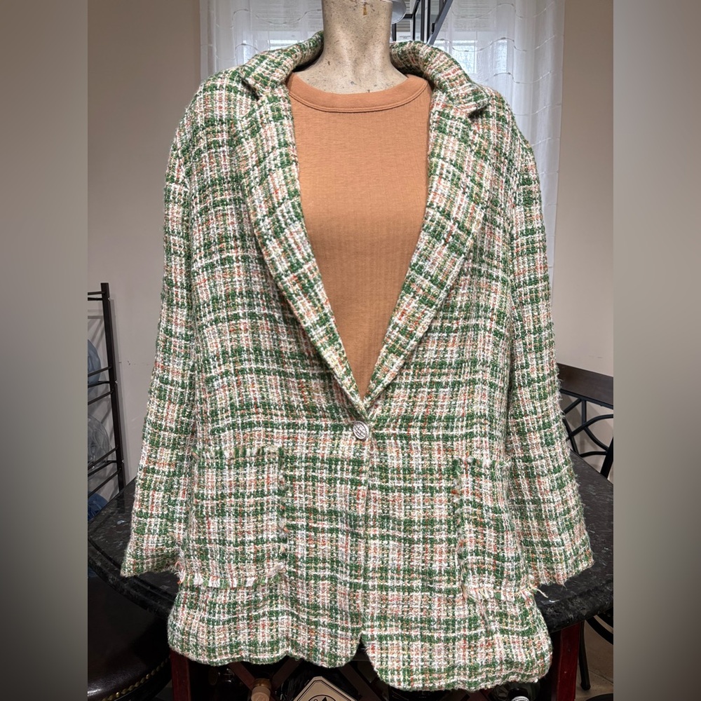 NEW POL tweed Green and White Plaid Women's Jacket blazer